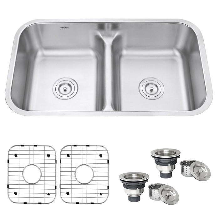 32-inch Low-Divide 50/50 Double Bowl Undermount 16 Gauge Stainless Steel Kitchen Sink - RVM4350