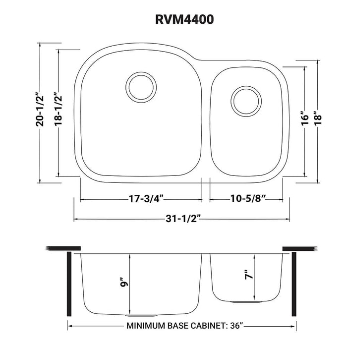 32-inch Undermount 60/40 Double Bowl 16 Gauge Stainless Steel Kitchen Sink - RVM4400