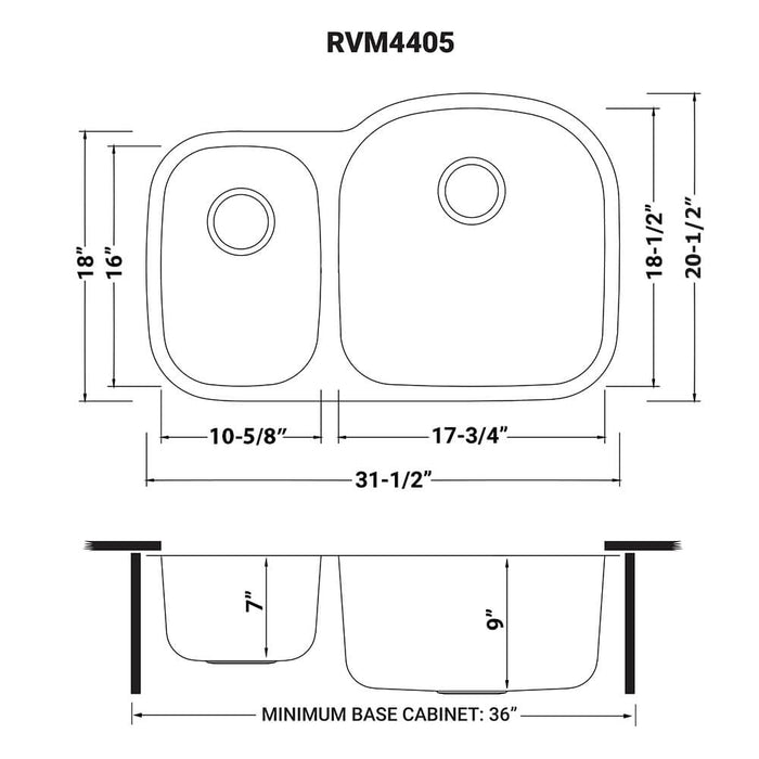 32-inch Undermount 40/60 Double Bowl 16 Gauge Stainless Steel Kitchen Sink - RVM4405