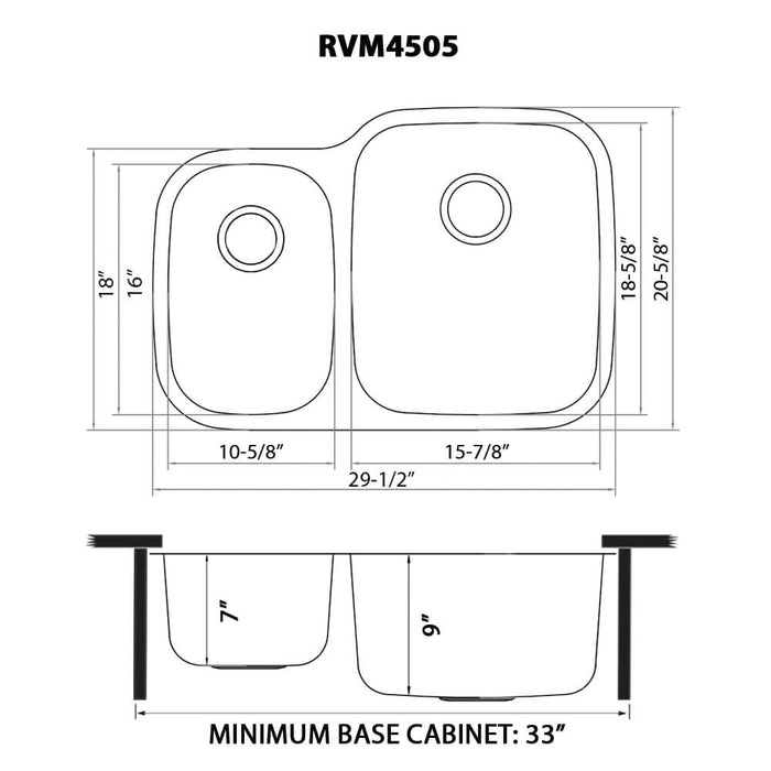 29-inch Undermount 40/60 Double Bowl 16 Gauge Stainless Steel Kitchen Sink - RVM4505