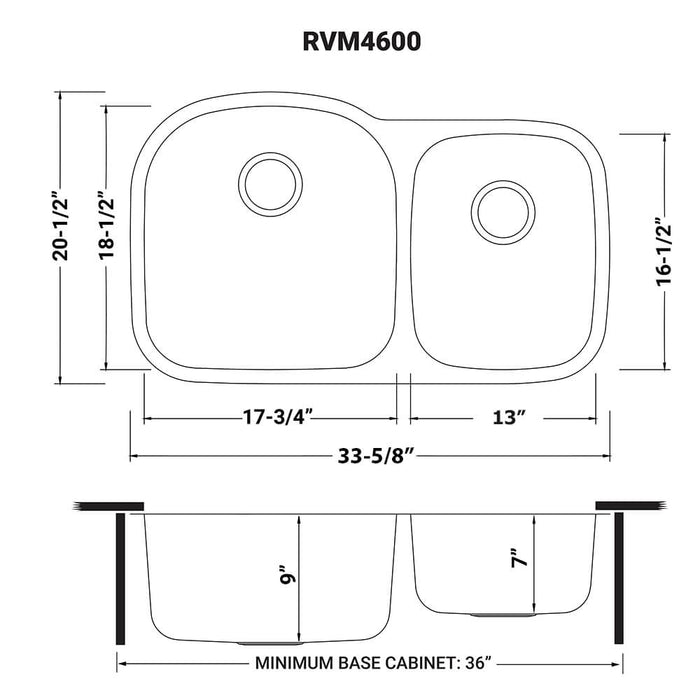 34-inch Undermount 60/40 Double Bowl 16 Gauge Stainless Steel Kitchen Sink - RVM4600