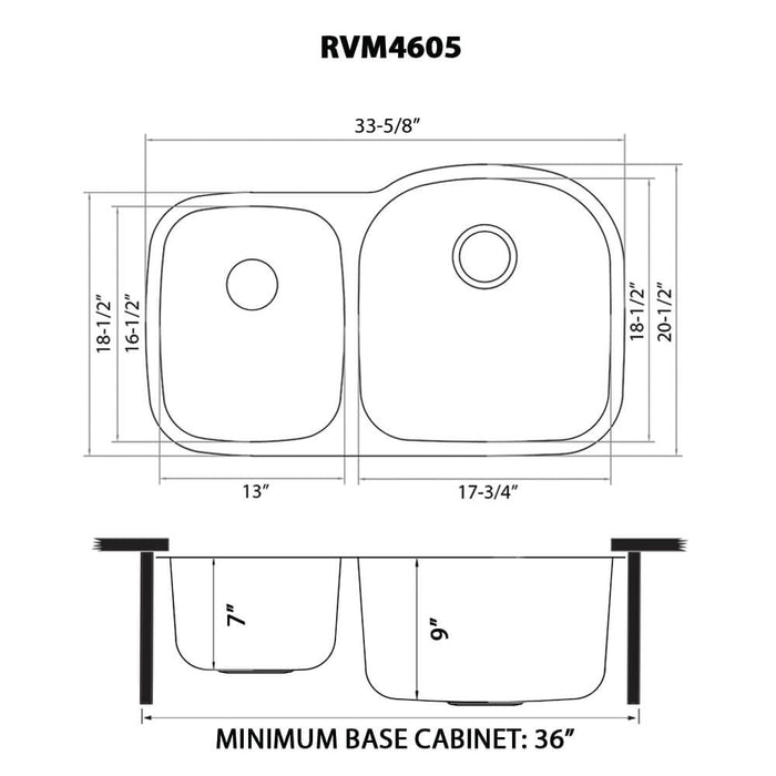 34-inch Undermount 40/60 Double Bowl 16 Gauge Stainless Steel Kitchen Sink - RVM4605