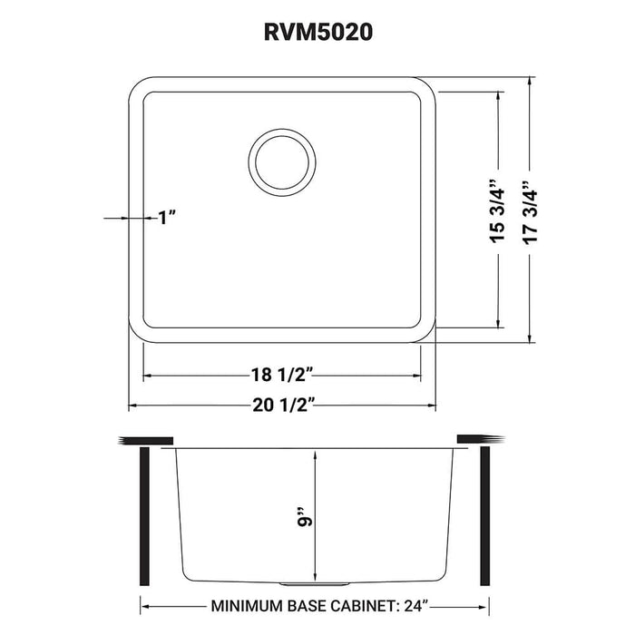 20-inch Undermount Bar Prep Kitchen Sink 16 Gauge Stainless Steel Single Bowl - RVM5020