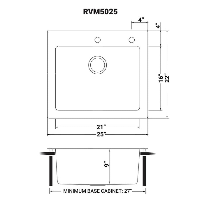 25 x 22 inch Drop-in Topmount Kitchen Sink 16 Gauge Stainless Steel Single Bowl - RVM5025