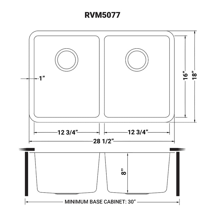 28-inch Undermount Kitchen Sink 50/50 Double Bowl 16 Gauge Stainless Steel - RVM5077