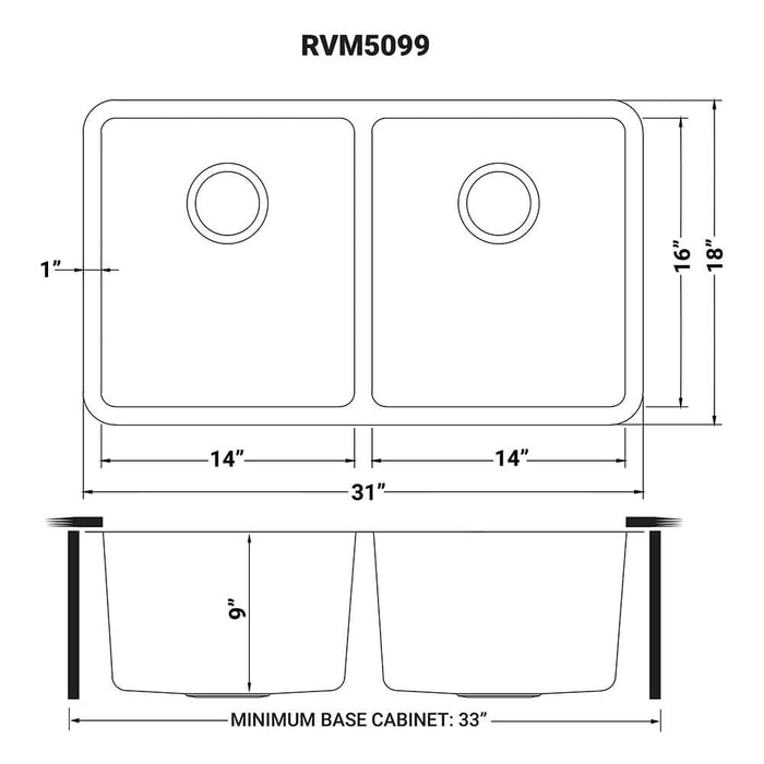 31-inch Undermount Kitchen Sink 50/50 Double Bowl 16 Gauge Stainless Steel - RVM5099