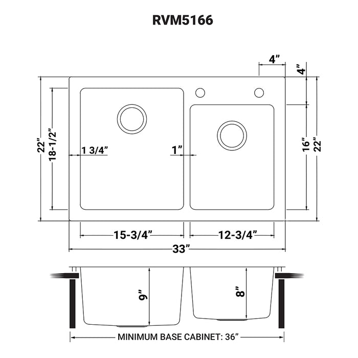 33 x 22 inch Drop-in Topmount Kitchen Sink 16 Gauge Stainless Steel 60/40 Double Bowl