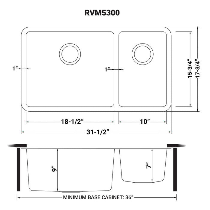 32-inch Undermount Kitchen Sink 70/30 Double Bowl 16 Gauge Stainless Steel - RVM5300