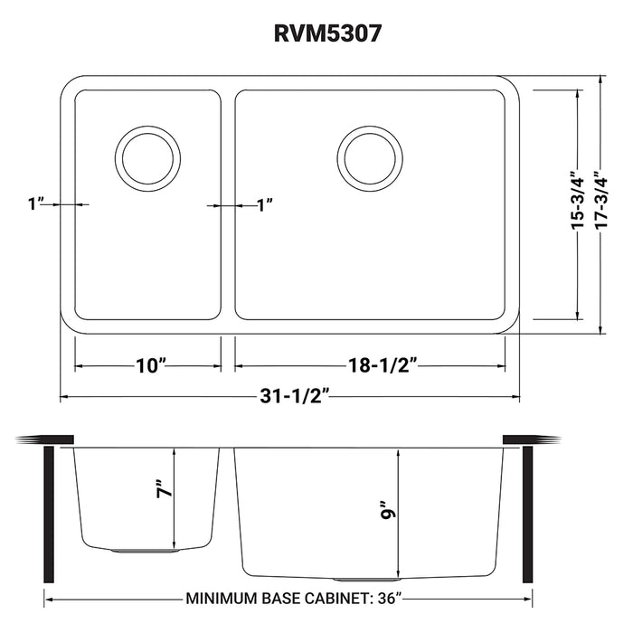 32-inch Undermount Kitchen Sink 30/70 Double Bowl 16 Gauge Stainless Steel - RVM5307