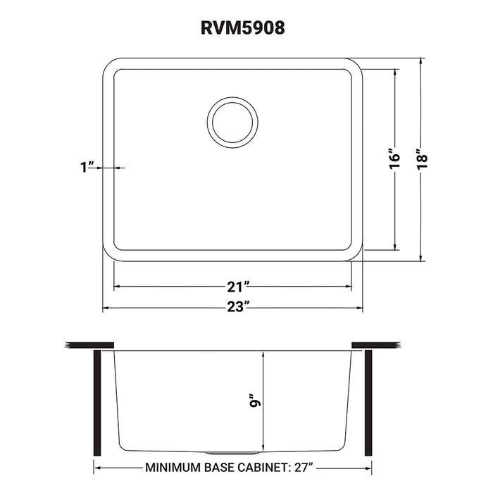 23-inch Undermount Kitchen Sink 16 Gauge Stainless Steel Single Bowl - RVM5908