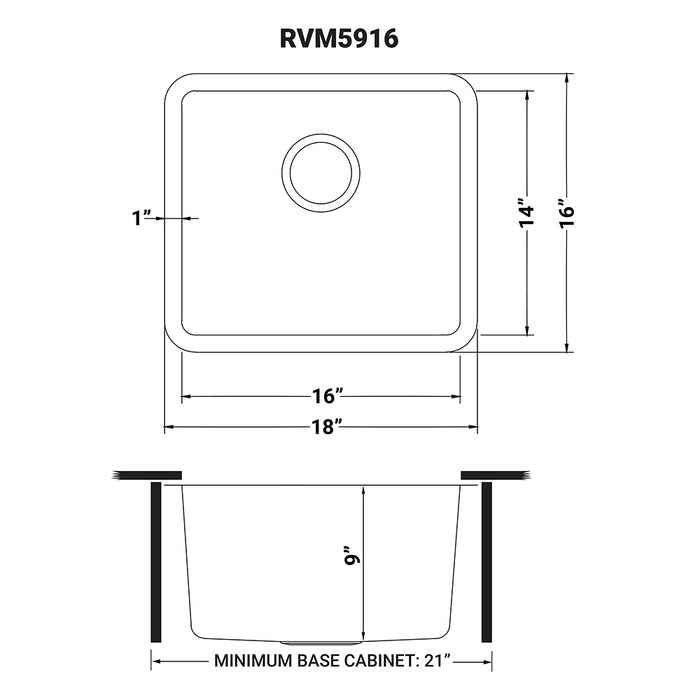 18-inch Undermount Bar Prep Kitchen Sink 16 Gauge Stainless Steel Single Bowl - RVM5916