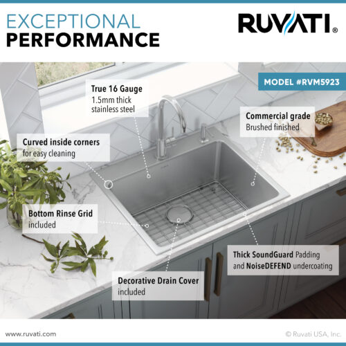 23 x 20 inch Drop-in Topmount Kitchen Sink 16 Gauge Stainless Steel Single Bowl - RVM5923