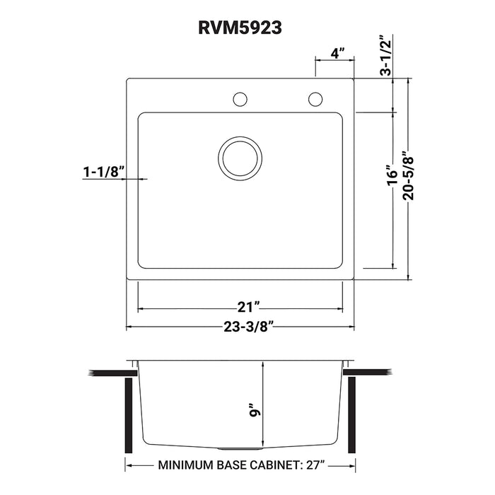 23 x 20 inch Drop-in Topmount Kitchen Sink 16 Gauge Stainless Steel Single Bowl - RVM5923