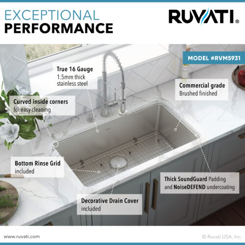 31-inch Undermount Kitchen Sink 16 Gauge Stainless Steel Single Bowl - RVM5931