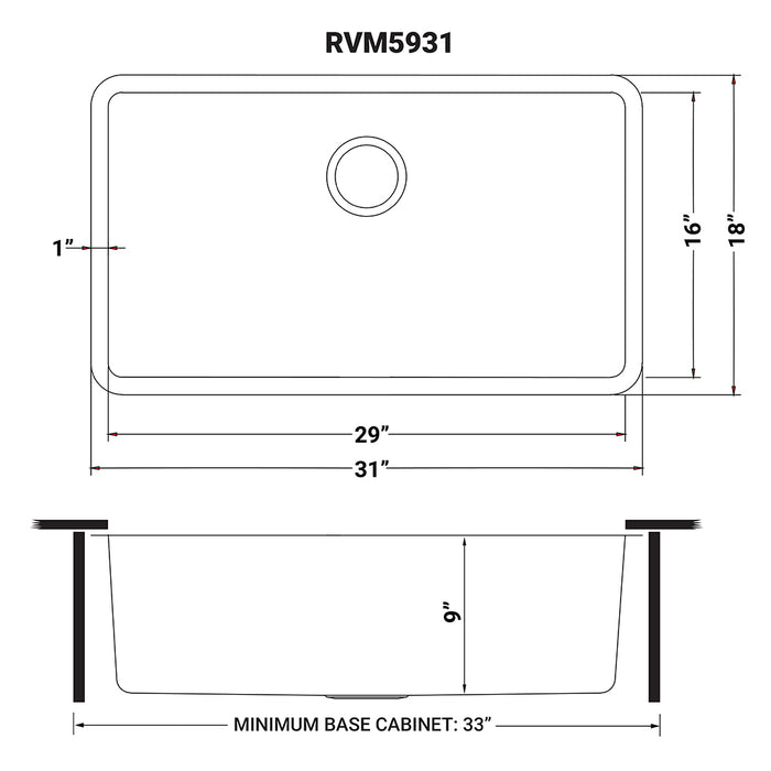 31-inch Undermount Kitchen Sink 16 Gauge Stainless Steel Single Bowl - RVM5931