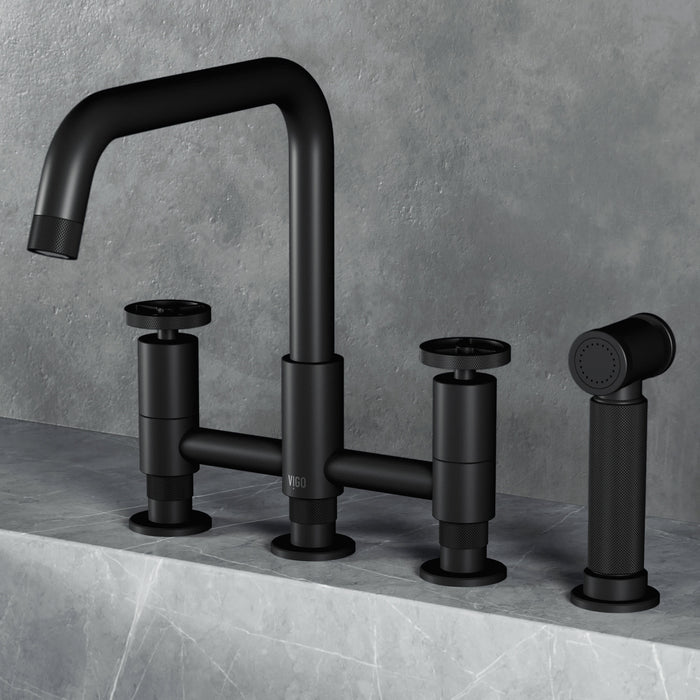 Cass Two-Handle Widespread Bridge Kitchen Faucet with Side Sprayer in Matte Black