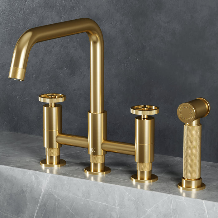Cass Two-Handle Widespread Bridge Kitchen Faucet with Side Sprayer in Matte Brushed Gold