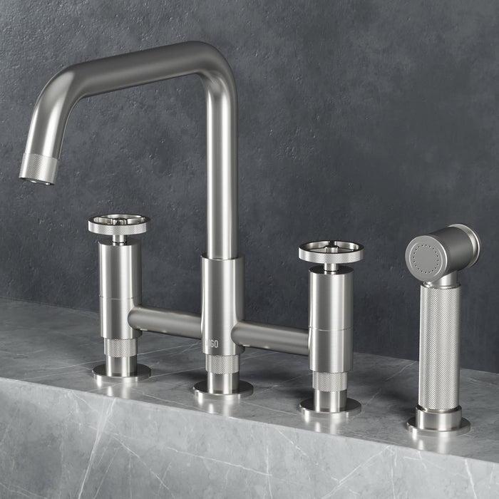 Cass Two-Handle Widespread Bridge Kitchen Faucet with Side Sprayer in Stainless Steel
