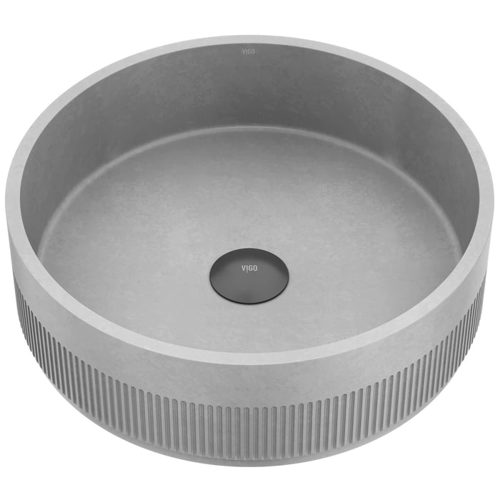 Cypress Modern Gray Concreto Stone 16 in. L x 16 in. W x 5 in. H Round Fluted Bathroom Vessel Sink
