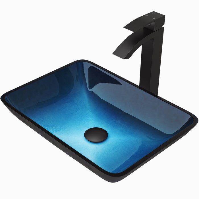 Rectangular Turquoise Water Glass Vessel Bathroom Sink Set With Duris Vessel Faucet In Matte Black