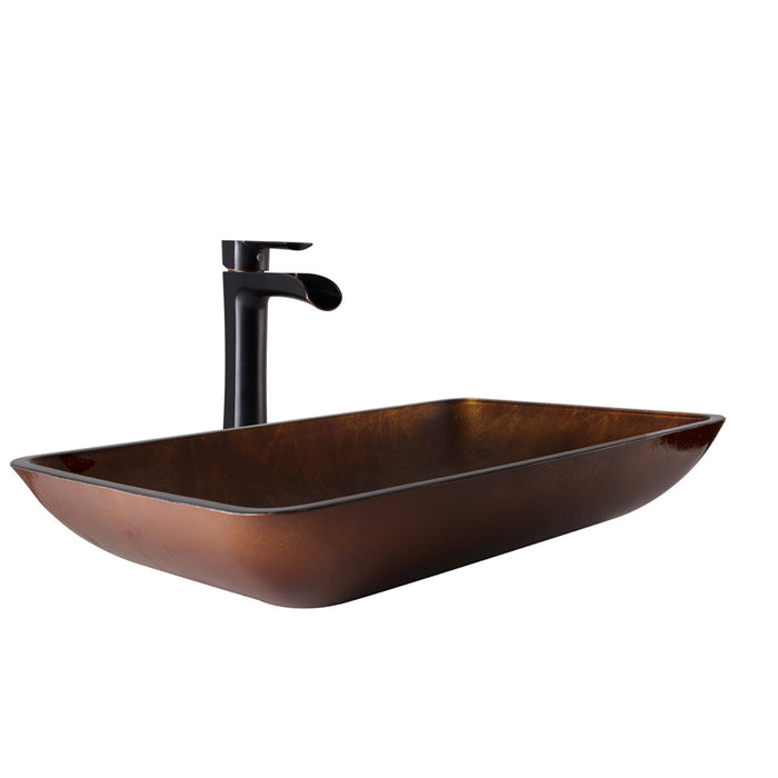 22" Rectangular Russet Glass Vessel Bathroom Sink Set Niko Vessel Faucet In With Antique Rubbed Bronze