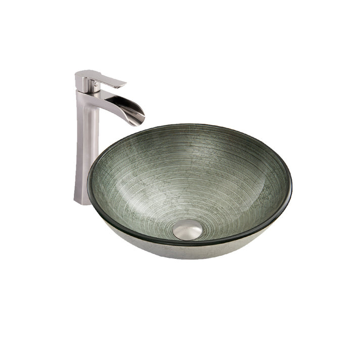 Simply Silver Glass Vessel Bathroom Sink Set With Niko Vessel Faucet In Brushed Nickel