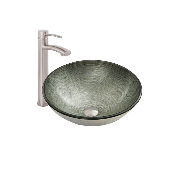 Simply Silver Glass Vessel Bathroom Sink Set With Milo Vessel Faucet In Brushed Nickel