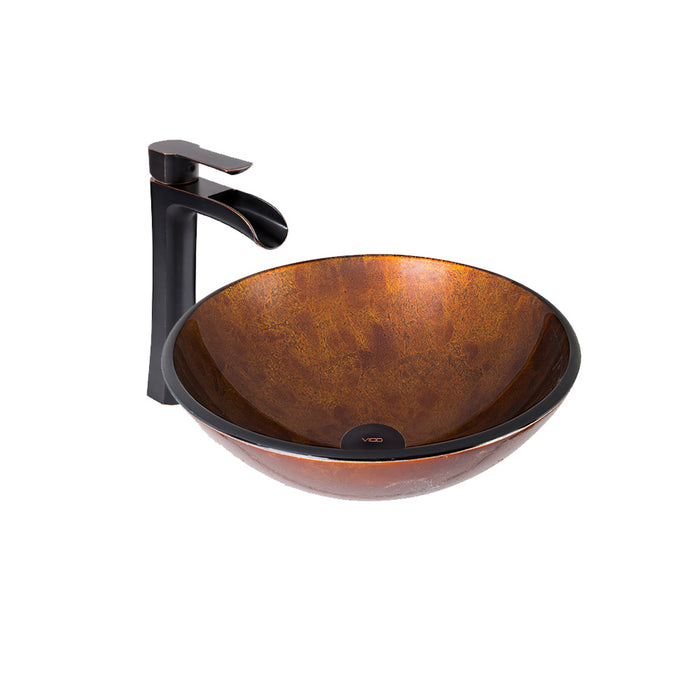Russet Glass Vessel Bathroom Sink Set With Niko Vessel Faucet In Antique Rubbed Bronze