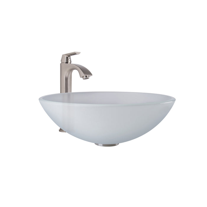 White Frost Glass Vessel Bathroom Sink Set With Linus Vessel Faucet In Brushed Nickel