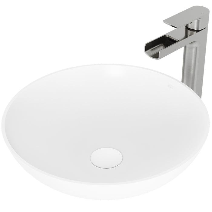 Lotus Matte stone Vessel Bathroom Sink in White with Amada Faucet in Brushed Nickel