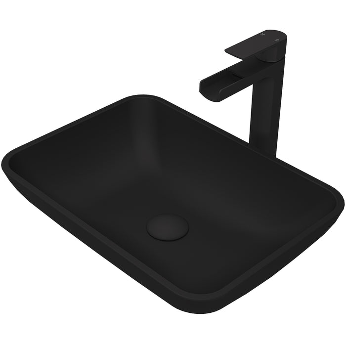 Sottile Glass Vessel Bathroom Sink in Black with Amada Faucet in Matte Black