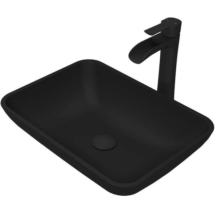 Sottile Glass Vessel Bathroom Sink in Black with Niko Faucet in Matte Black