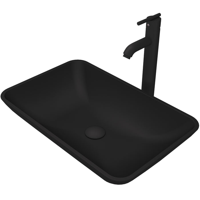 Hadyn Glass Vessel Bathroom Sink in Black with Seville Faucet in Matte Black