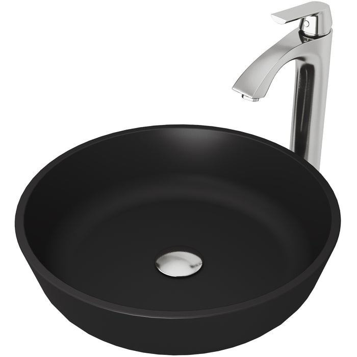 Modus Glass Vessel Bathroom Sink in Black with Linus Faucet in Brushed Nickel