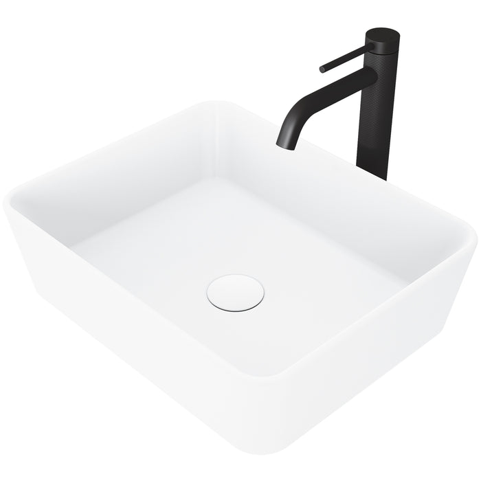 Marigold Vessel Sink in White with faucet in Matte Black