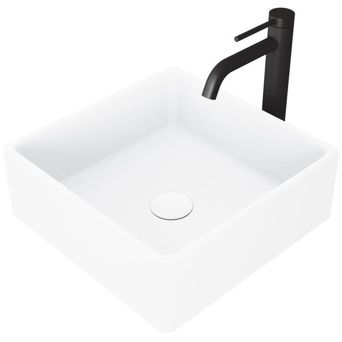Dianthus Vessel Sink in White with faucet in Matte Black