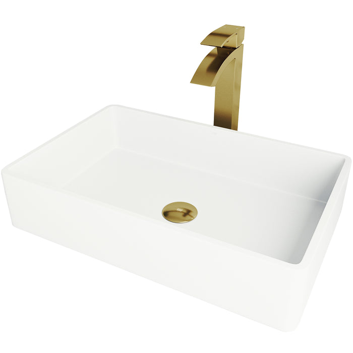 Magnolia Matte stone Vessel Bathroom Sink in White with Duris Faucet in Matte Gold