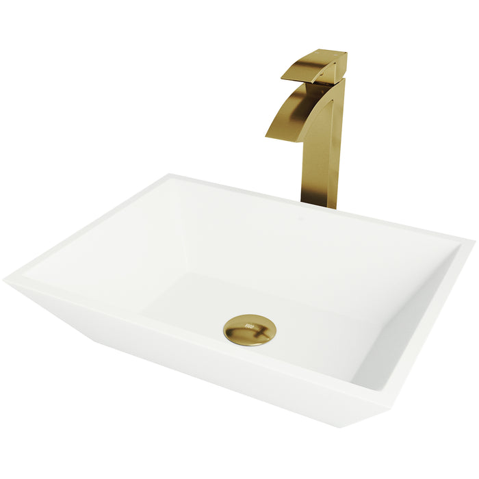 Vinca Matte stone Vessel Bathroom Sink in White with Duris Faucet in Matte Gold