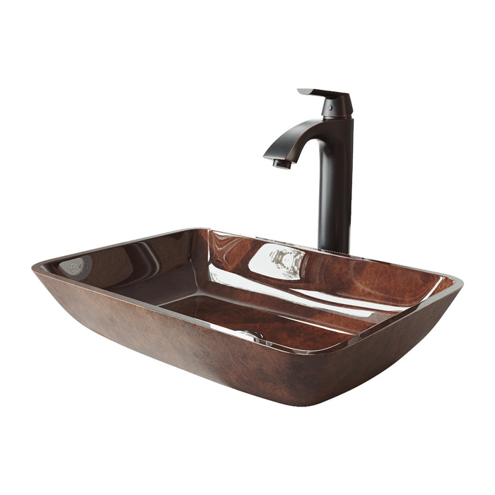 18" Rectangular Russet Glass Vessel Bathroom Sink Set With Linus Vessel Faucet In Antique Rubbed Bronze