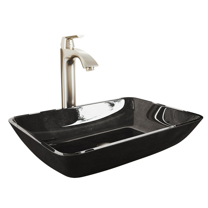 Rectangular Gray Onyx Glass Vessel Bathroom Sink Set With Linus Vessel Faucet In Brushed Nickel