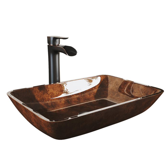 18" Rectangular Russet Glass Vessel Bathroom Sink Set With Niko Vessel Faucet In Antique Rubbed Bronze