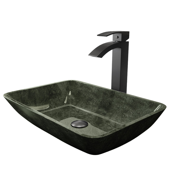 Rectangular Gray Onyx Glass Vessel Bathroom Sink Set With Duris Vessel Faucet In Matte Black