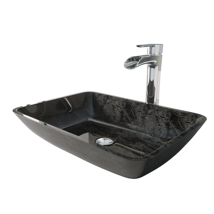 Rectangular Gray Onyx Glass Vessel Bathroom Sink Set With Niko Vessel Faucet In Chrome