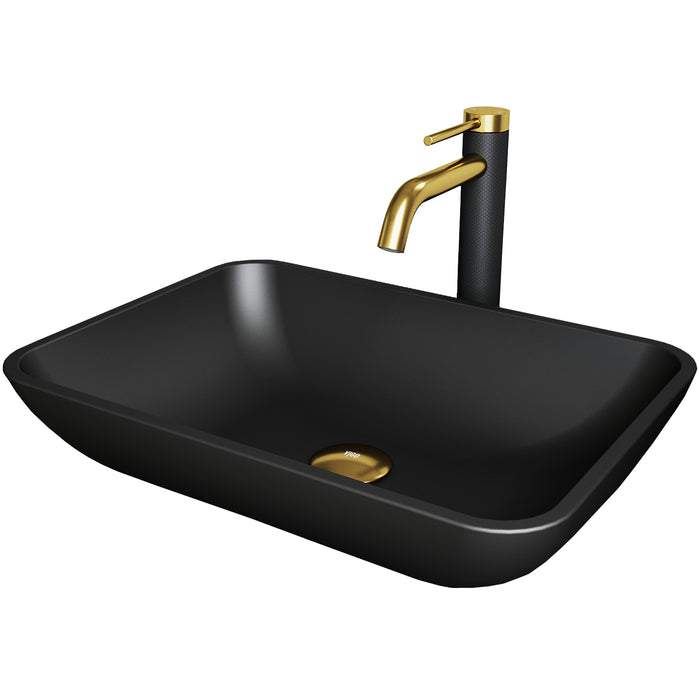 Black Sottile Matte Shell Vessel Bathroom Sink Lexington cFiber© Faucet in Matte Brushed Gold and Matte Black