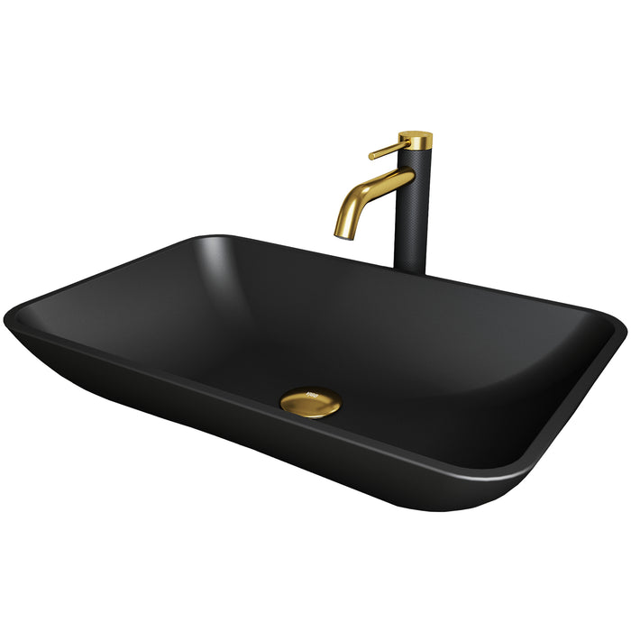 Black Hadyn Matte Shell Vessel Bathroom Sink and Lexington cFiber© Faucet in Matte Brushed Gold and Matte Black