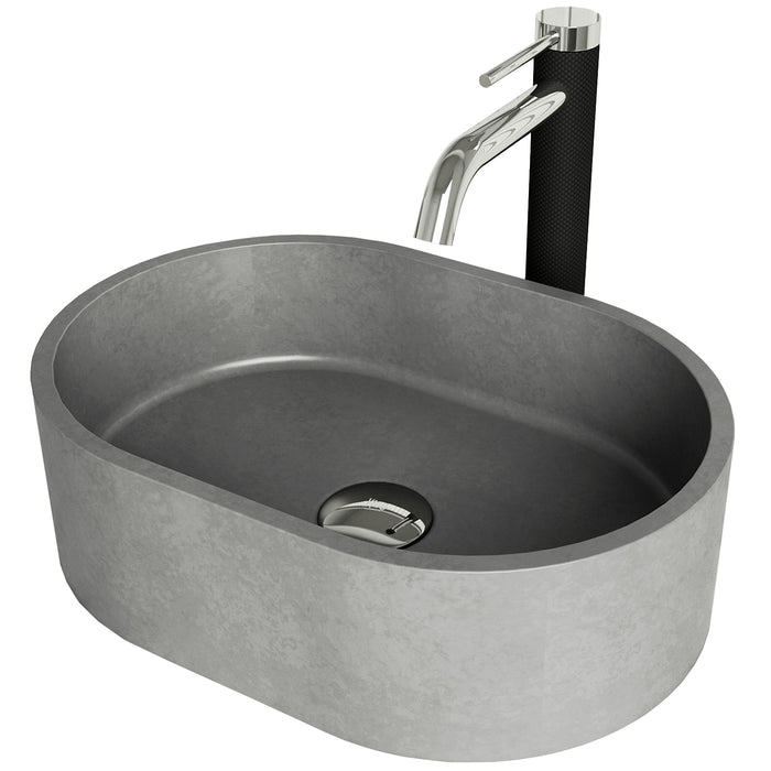 Concreto Stone 15 in. Oval Vessel Bathroom Sink in Gray with Lexington Faucet and Pop-Up Drain in Chrome