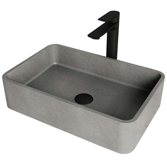 Concreto Stone 19 in. Rectangular Vessel Bathroom Sink in Gray with Norfolk Faucet and Pop-Up Drain in Matte Black