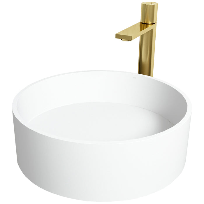 Matte Stone Montauk Composite Round Vessel Bathroom Sink in White with Gotham Faucet and Pop-Up Drain in Matte Gold