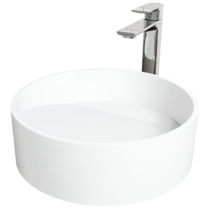 Matte Stone Starr Composite Round Vessel Bathroom Sink in White with Norfolk Faucet and Pop-Up Drain in Chrome