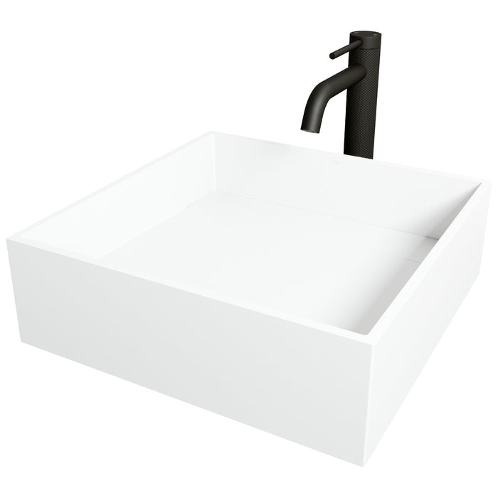 Matte Stone Montauk Composite Square Vessel Bathroom Sink in White with Lexington Faucet and Pop-Up Drain in Matte Black